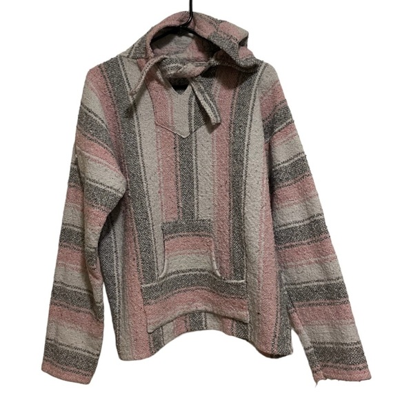 Pink and Gray Striped Baja Hooded Pullover Poncho Drug Rug Size Large - Picture 2 of 5